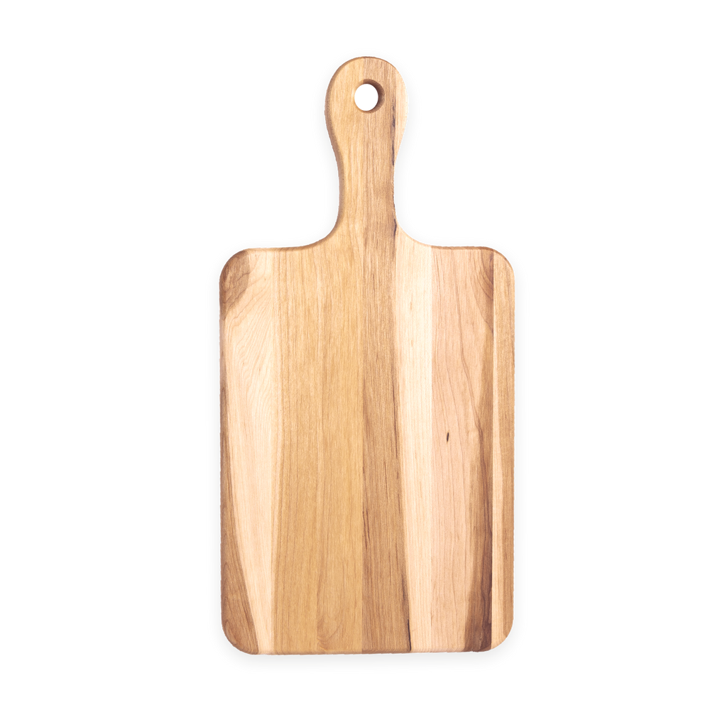 Overhead view of the large maple serving board with handle, 16 × 8 in