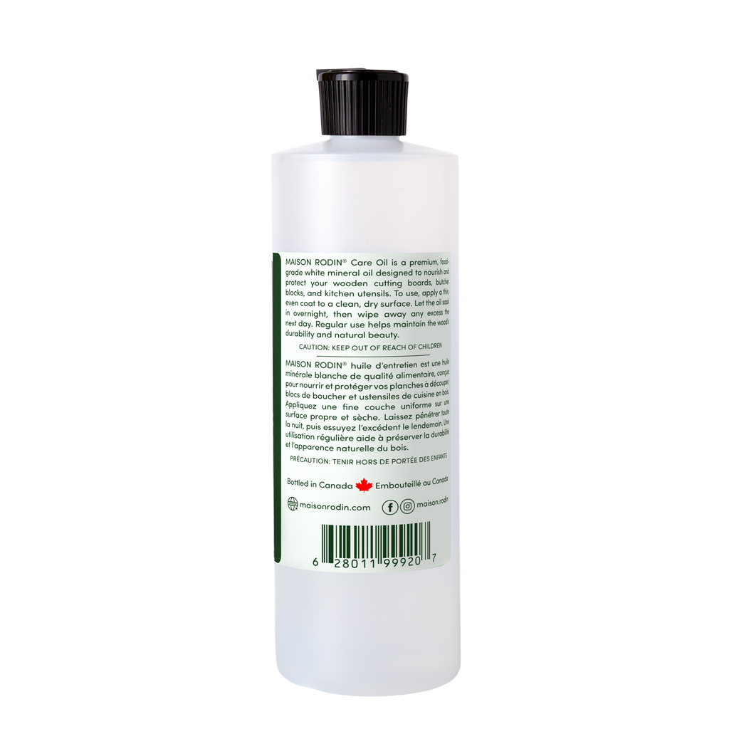 Back of the MAISON RODIN Care Oil bottle with bilingual directions and a barcode