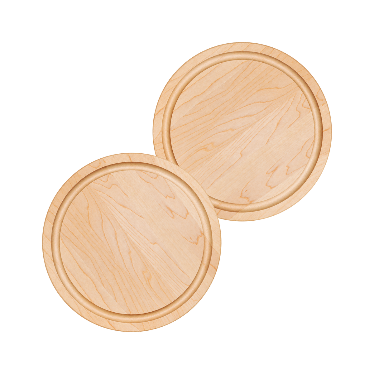 Two round maple steak boards with juice grooves, 11-inch size, viewed from above