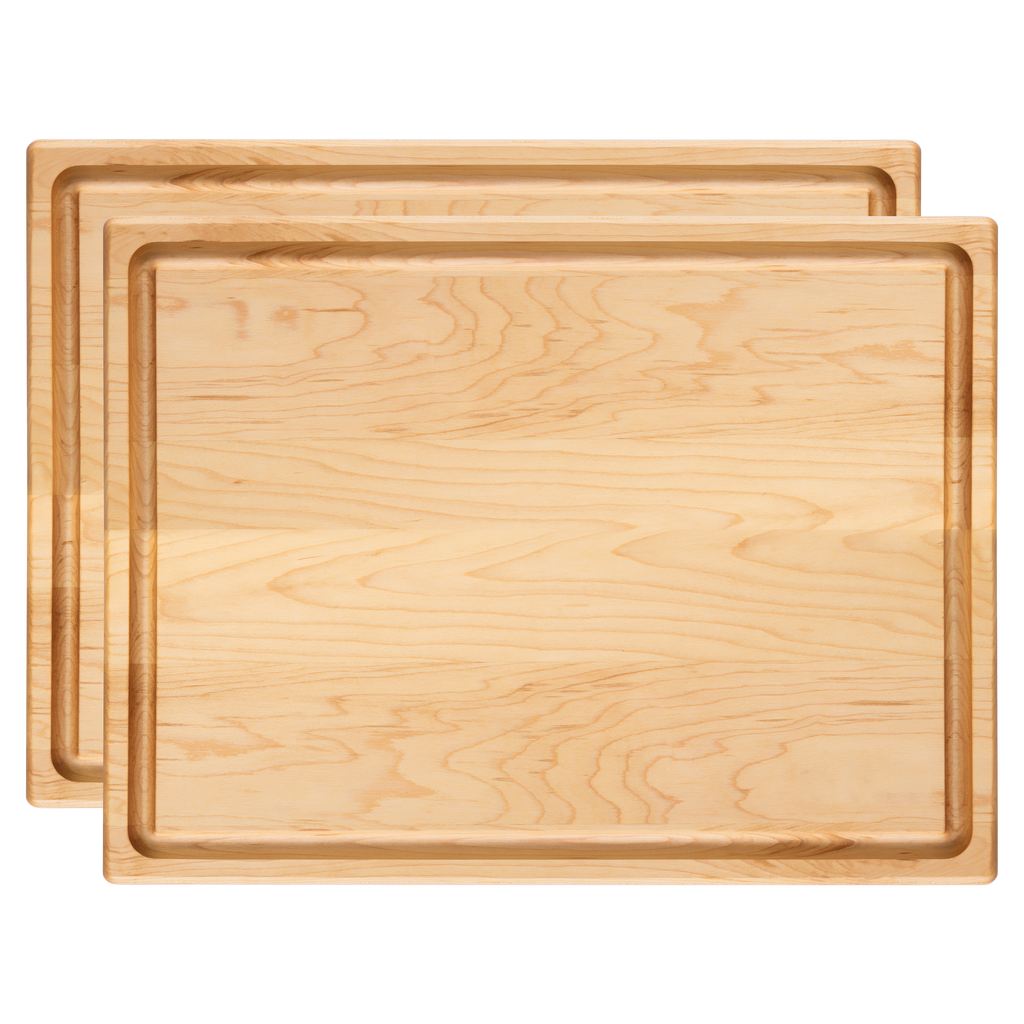 Face avant de l’ensemble de deux planches à découper en érable avec rigole, de 16 × 12 po