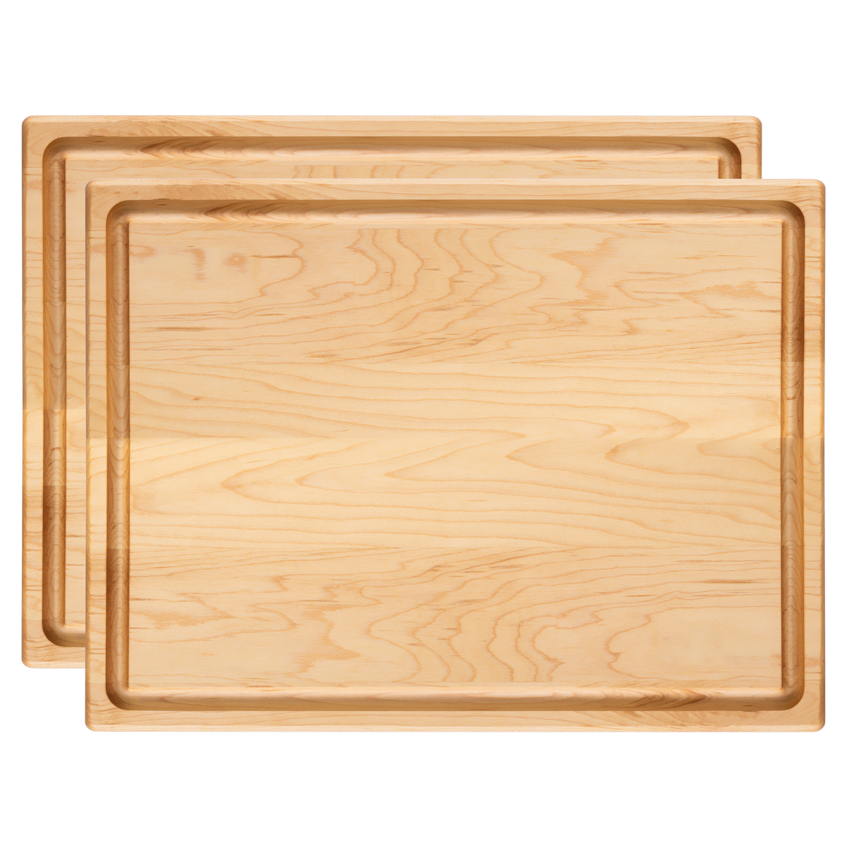 Face avant de l’ensemble de deux planches à découper en érable avec rigole, de 16 × 12 po