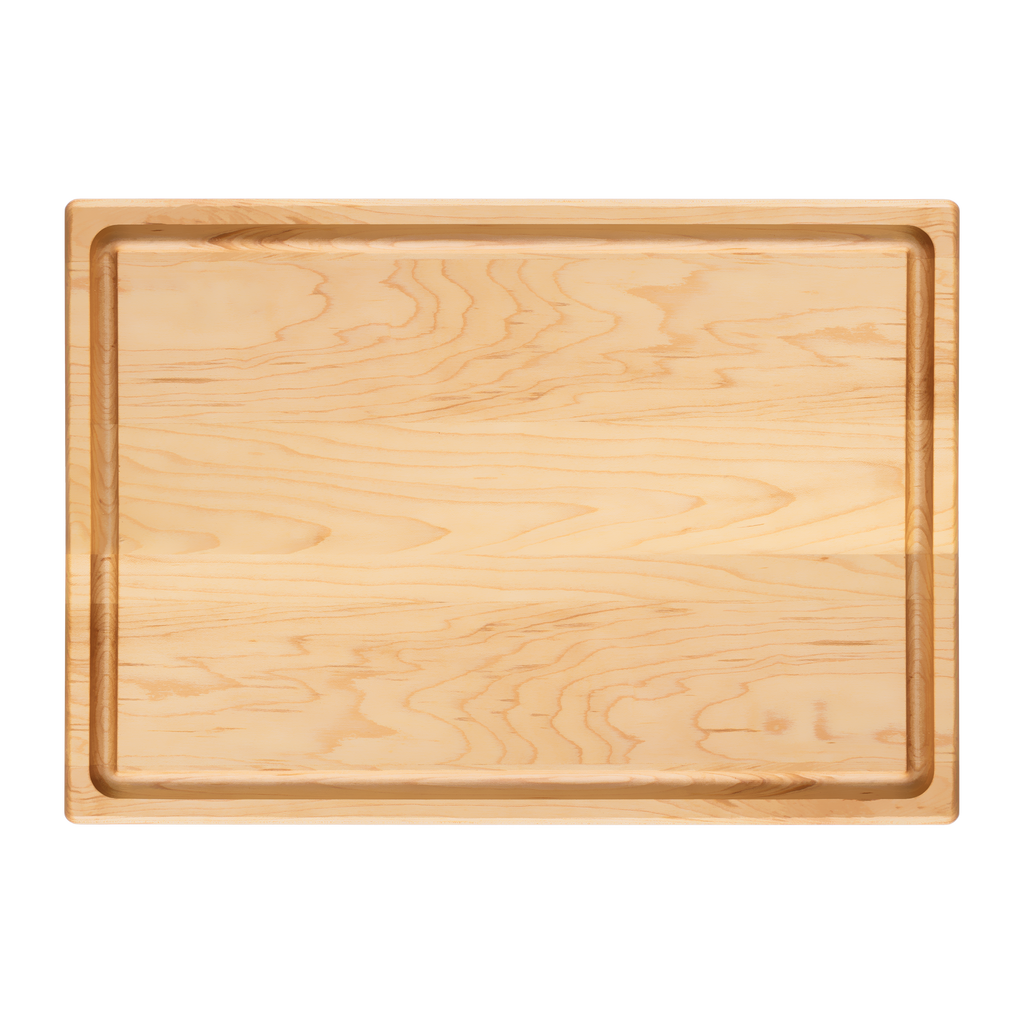 Front face of the maple cutting board with juice groove, 20 × 14 in