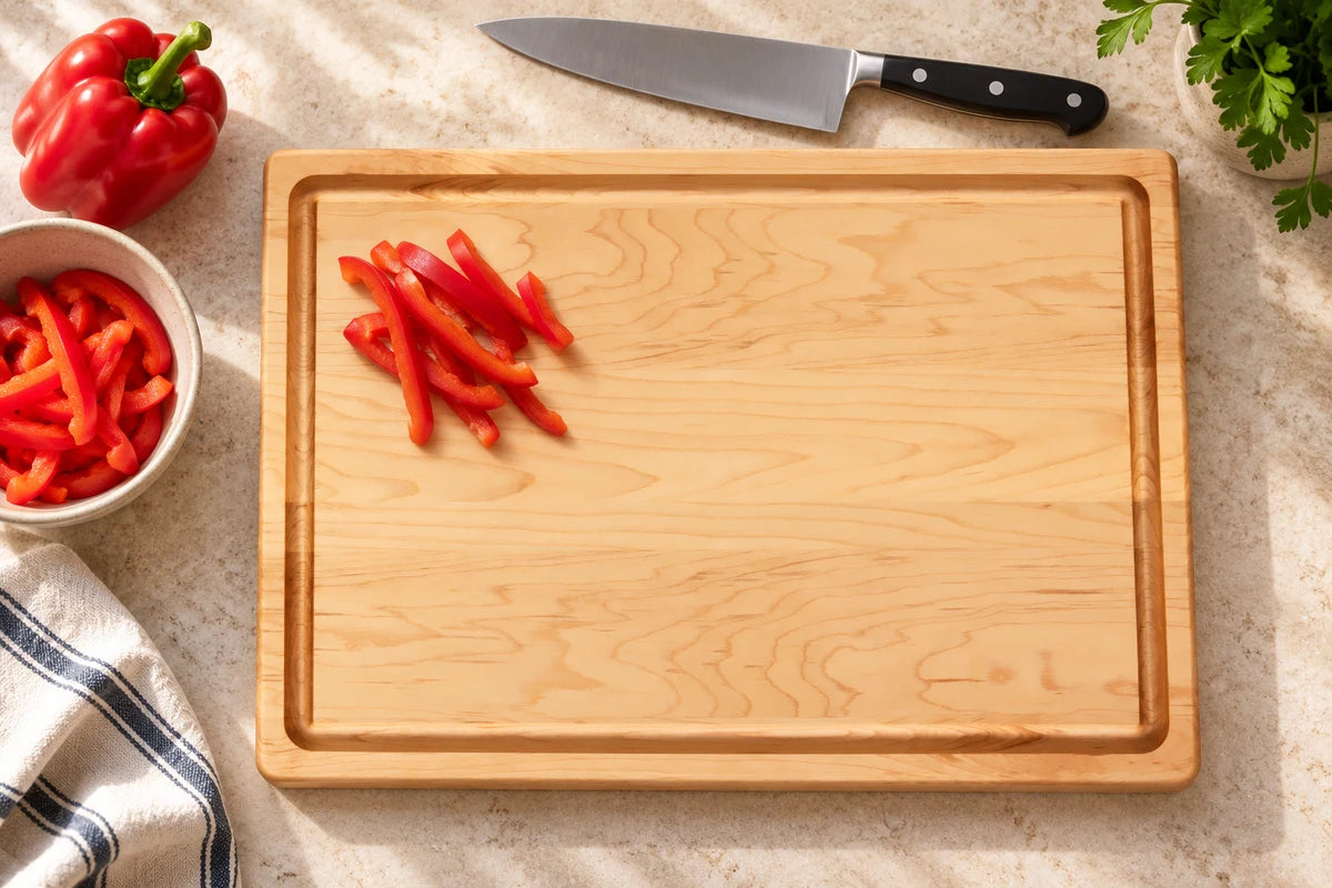 Planche en érable MAISON RODIN de 20 × 14 po avec rainure à jus et poivrons découpés sur un comptoir en pierre